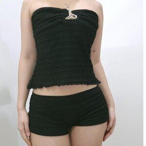 Black Reworked Tube Top and Micro Shorts Two-Piece Set